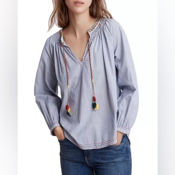 Velvet by Graham & Spencer Tops - Velvet by Graham & Spencer Neena Embroidered Striped Peasant Blouse Extra Small